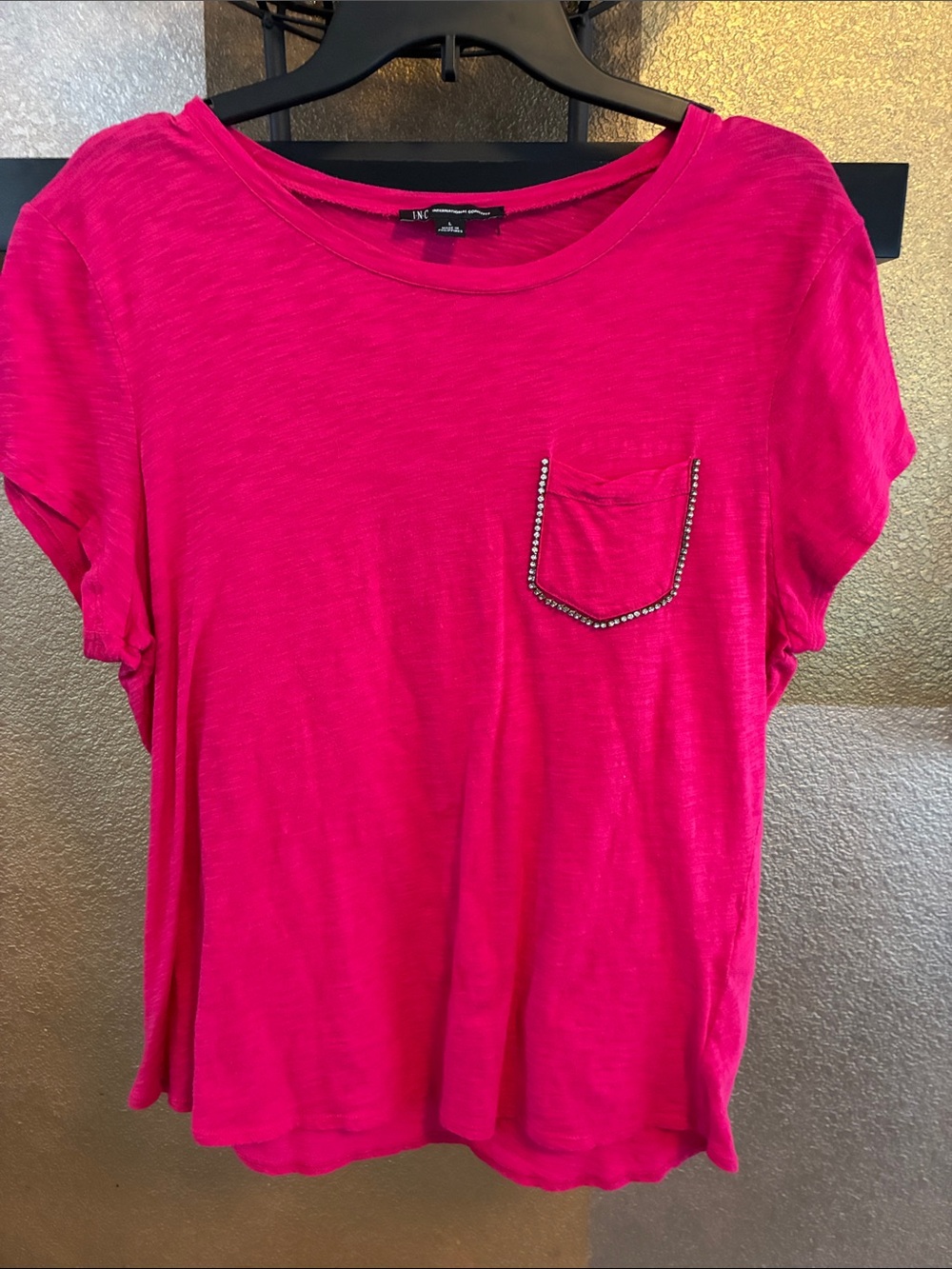 INC International Concepts Bright Pink Tee with Rhinestone trim Pocket L